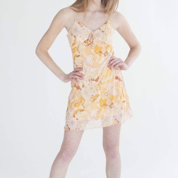No comment orange flower child 70s floral mesh summer cami strap mini dress 💋 - Picture 1 of 13